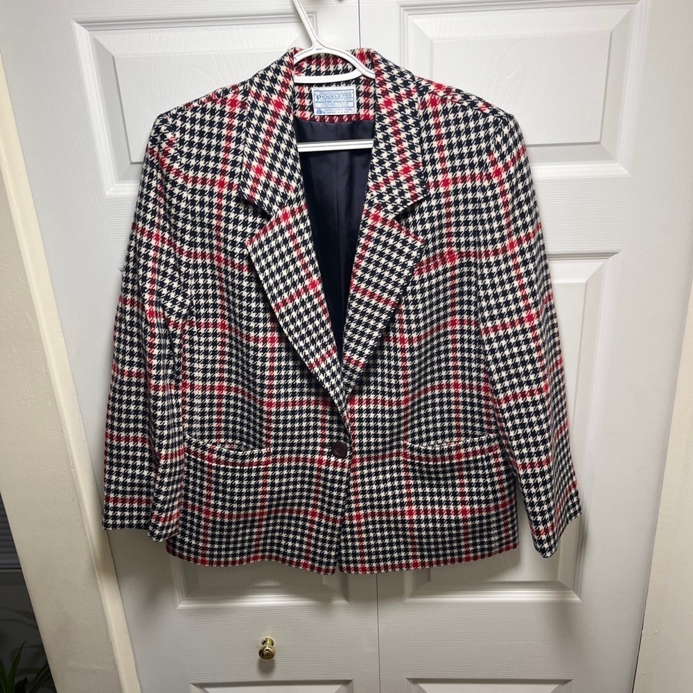 Pendleton Blue and White Houndstooth Blazer with Red Accents